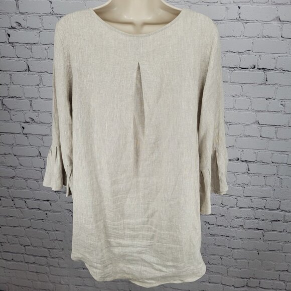 Crown Linen Beige 100% European Linen 3/4 Bell Sleeve Tunic Top Size Small S - Picture 2 of 15